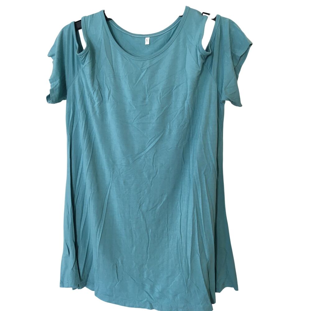 Pretty Light Blue Large Cold Shoulder Peek a Boo Scoop Neck Short Sleeve Top